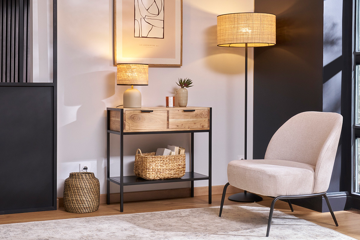 Fauteuil design en tissu effet velours textur beige et mtal noir BREGO