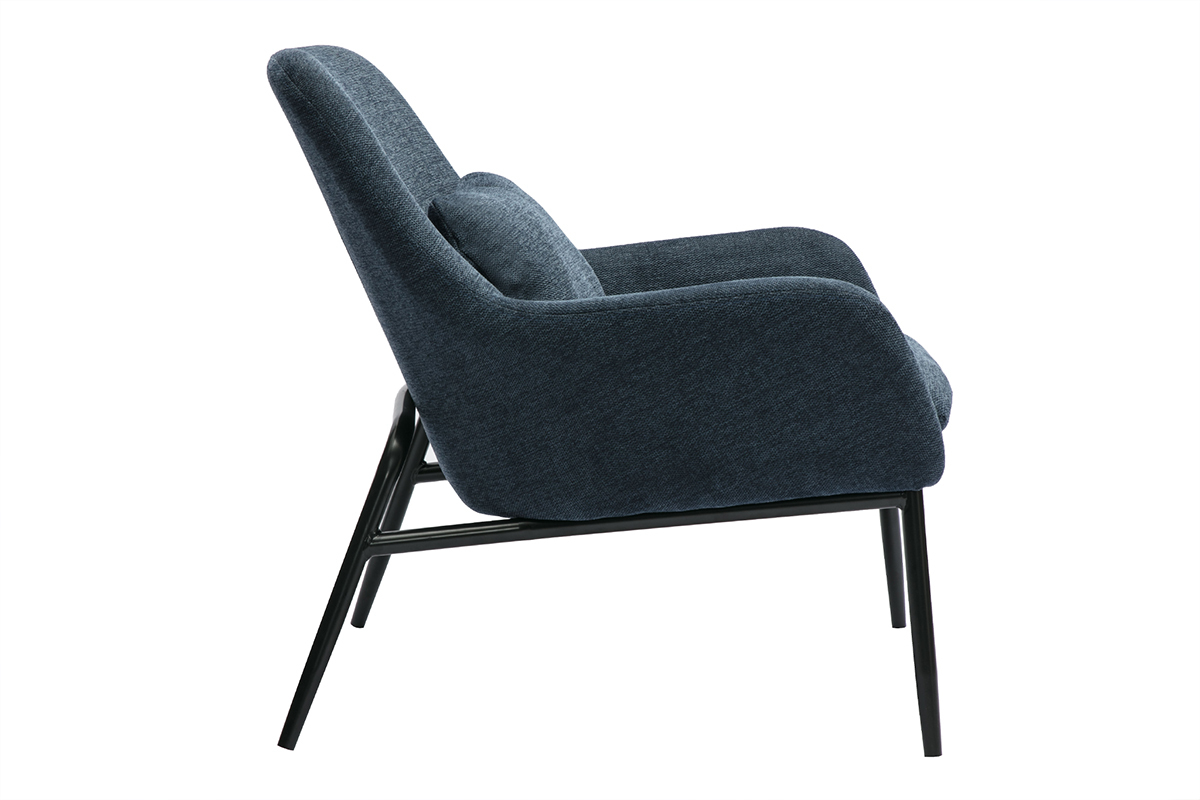 Fauteuil design bleu fonc en tissu effet velours et mtal noir