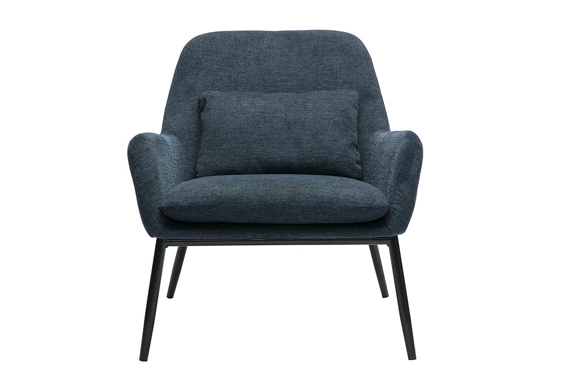 Fauteuil en tissu effet velours bleu fonc et mtal noir, modle design MAXINE.