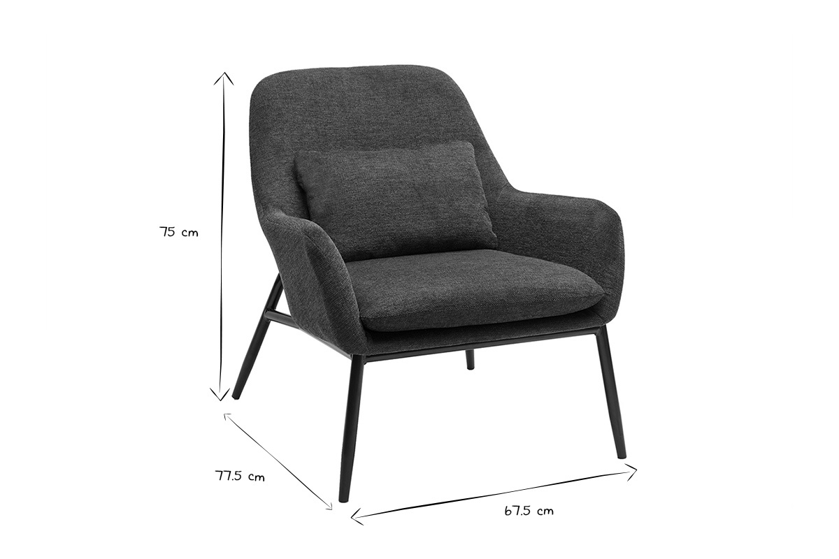 Fauteuil design bleu fonc en tissu effet velours avec pieds en mtal noir, dimensions L67.5 x P77.5 x H75 cm