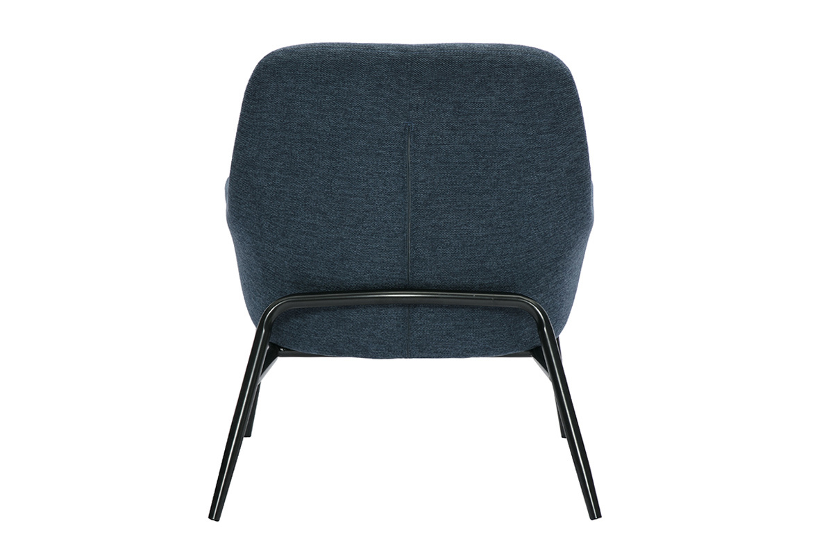 Fauteuil bleu fonc en tissu et mtal noir, vue arrire.