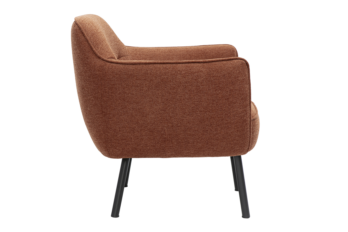 Fauteuil design en tissu velours terre brle avec structure en mtal noir, modle LAURENS