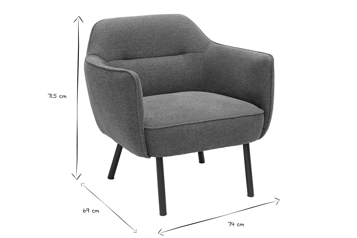 Fauteuil design en tissu effet velours terre brle et mtal noir, dimensions L74 x P69 x H71,5 cm.