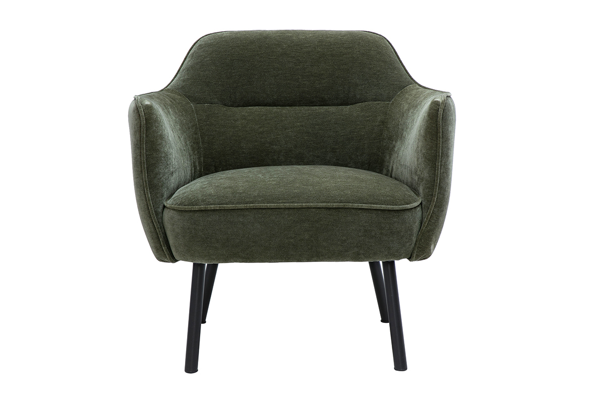 Fauteuil en tissu effet velours vert kaki avec structure en mtal noir, modle LAURENS