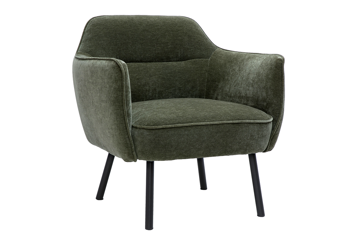 Fauteuil design en tissu effet velours vert kaki avec pieds en mtal noir LAURENS