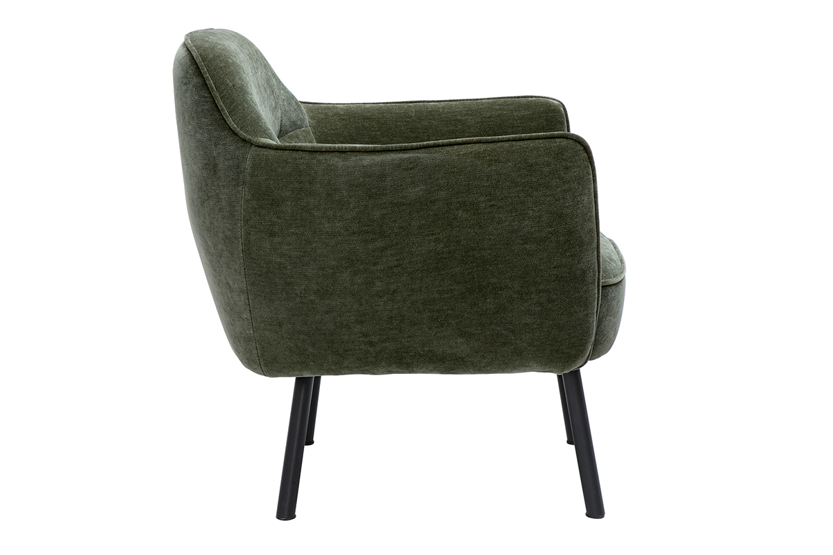 Fauteuil vert kaki en tissu effet velours avec pieds en mtal noir