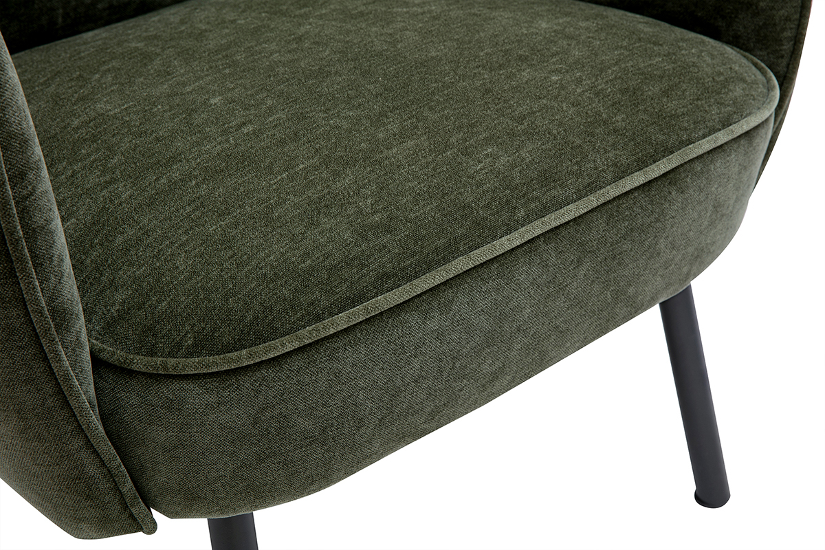 Fauteuil en tissu effet velours vert kaki avec mtal noir