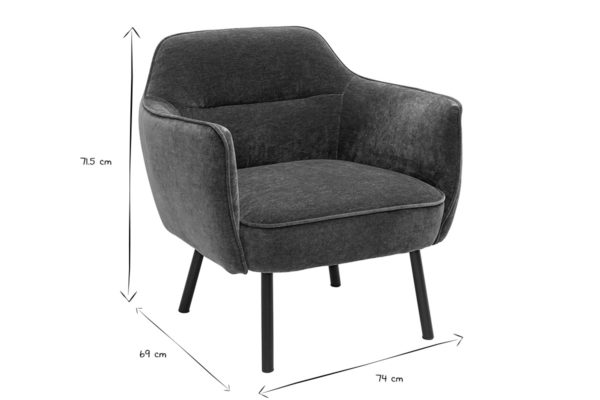 Dimensions du fauteuil design en tissu effet velours vert kaki et mtal noir LAURENS