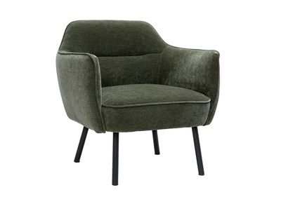 Fauteuil design en tissu effet velours vert kaki et métal noir LAURENS