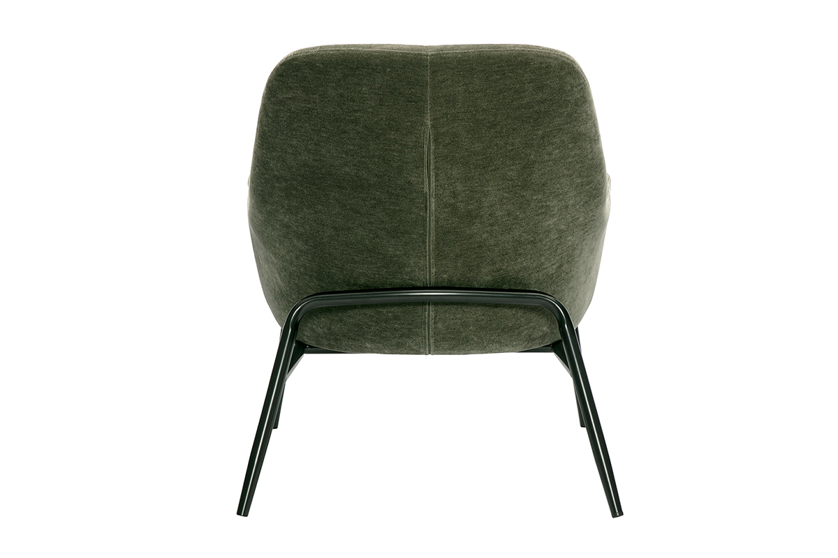 Fauteuil design en tissu effet velours vert kaki et mtal noir