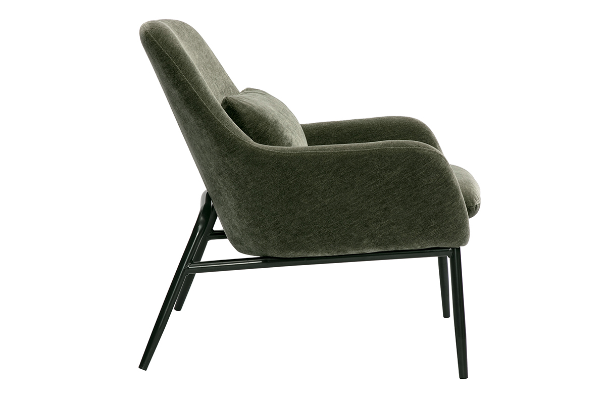 Fauteuil design vert kaki en tissu effet velours avec pieds en mtal noir, modle MAXINE.
