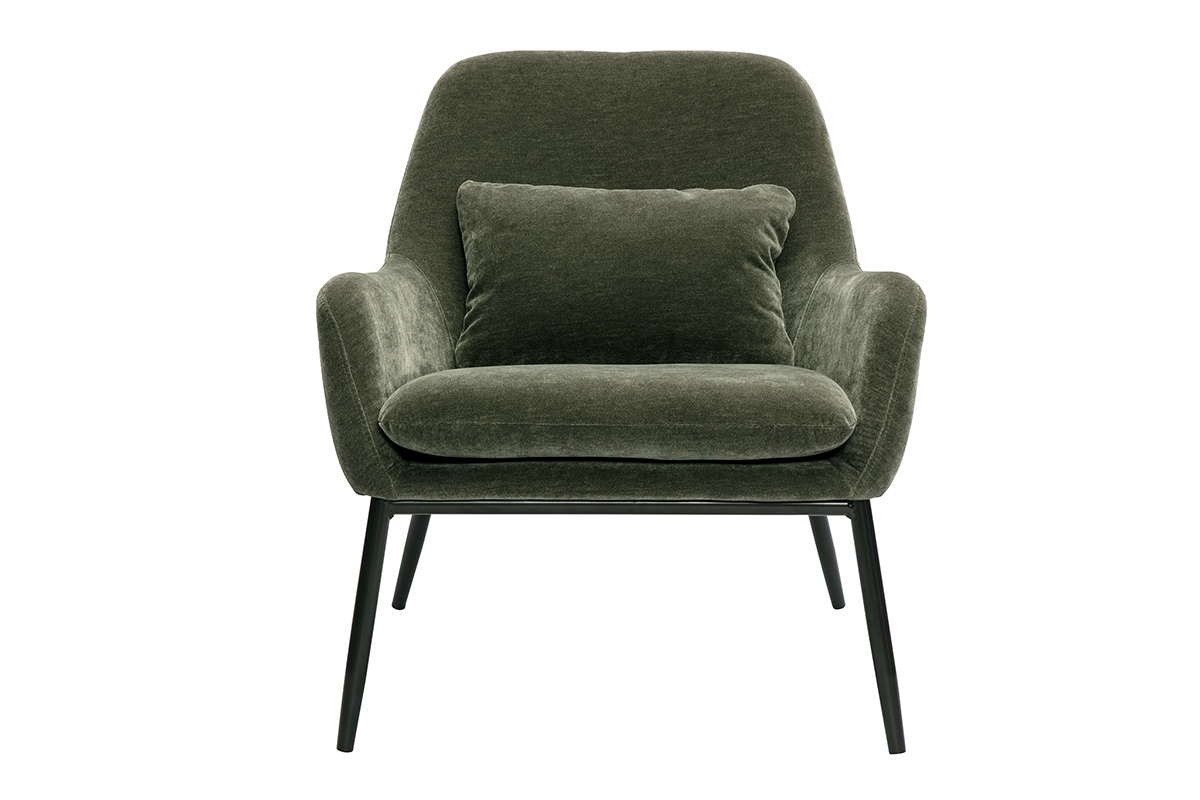 Fauteuil design vert kaki en tissu effet velours avec pieds en mtal noir MAXINE.