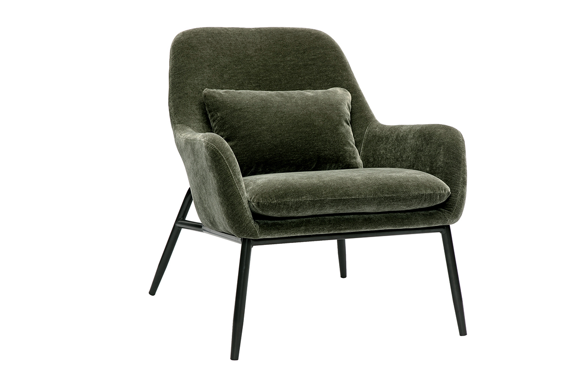 Fauteuil design en tissu velours vert kaki avec pieds en mtal noir