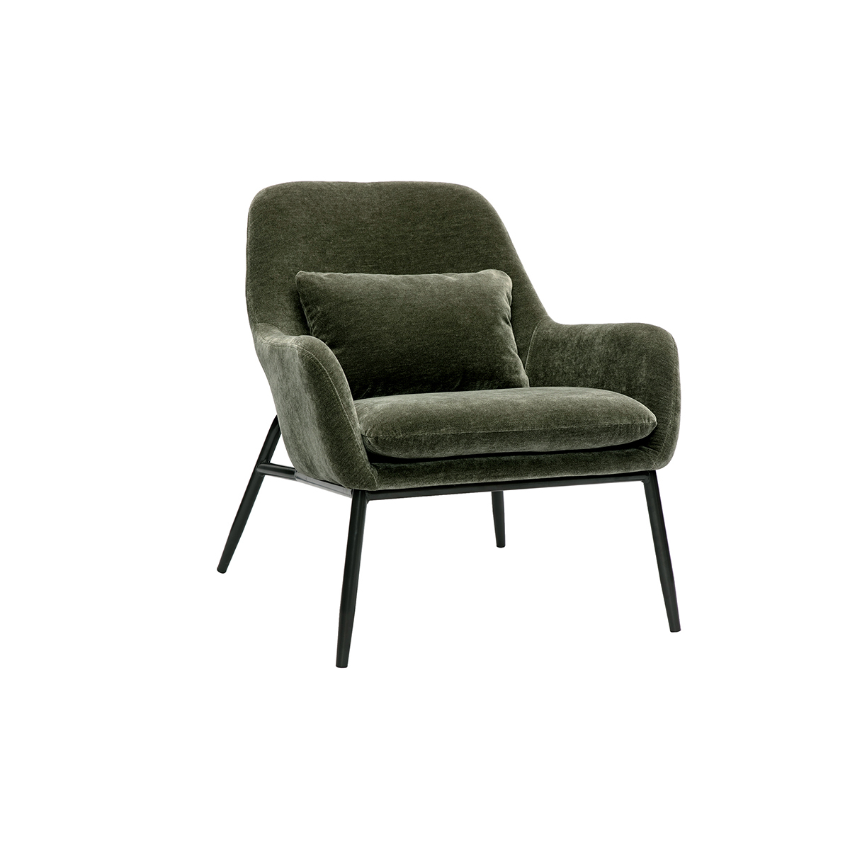 Fauteuil design en tissu effet velours vert kaki et métal noir MAXINE