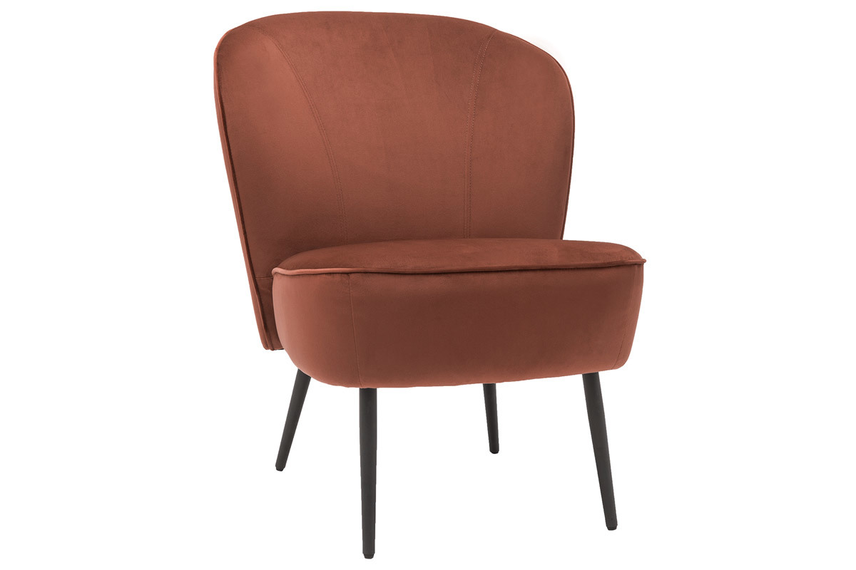 Fauteuil design en tissu velours rouge tomette et m�tal noir AMANITA