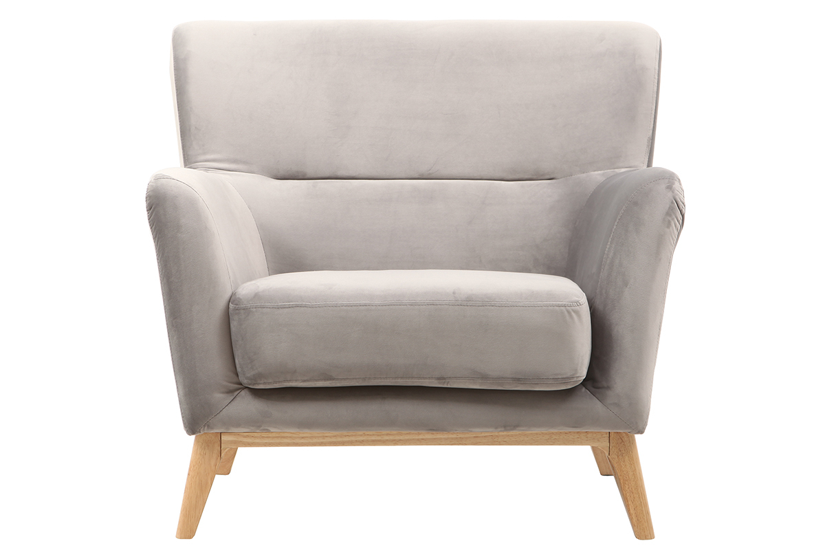 Fauteuil design gris velours pieds en bois MARKUS
