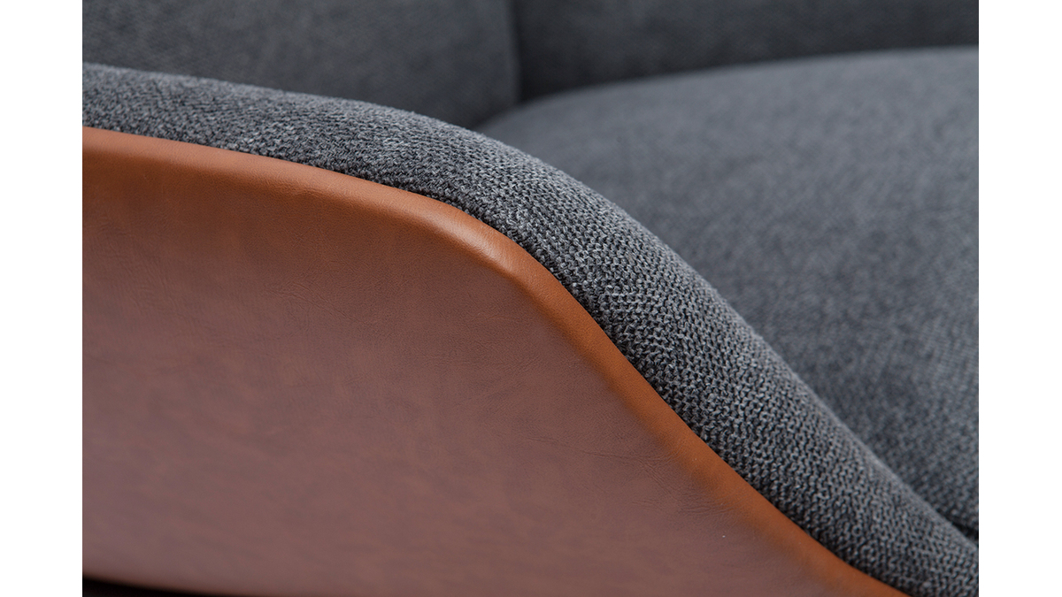 Fauteuil design marron avec tissu effet velours texturé gris foncé et métal noir MARCEAU