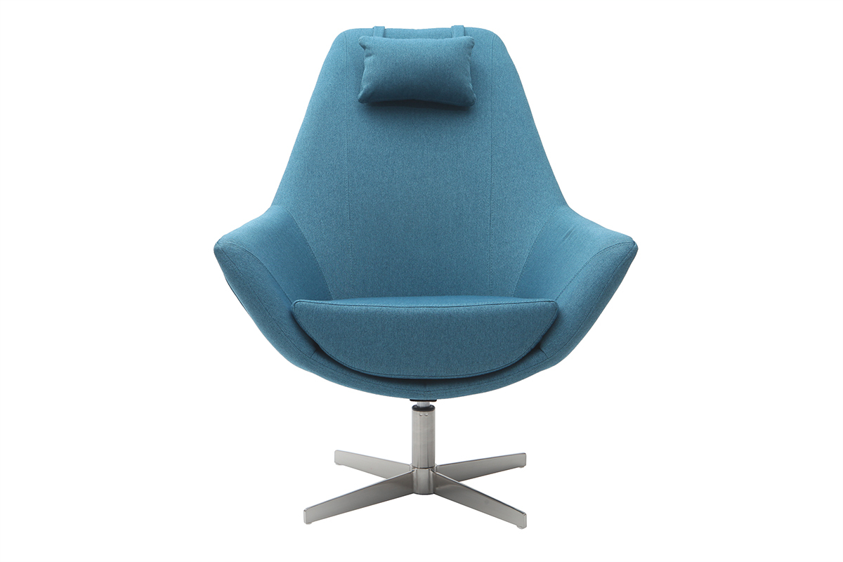 Fauteuil design pivotant en tissu bleu canard et pied m�tal AMADEO