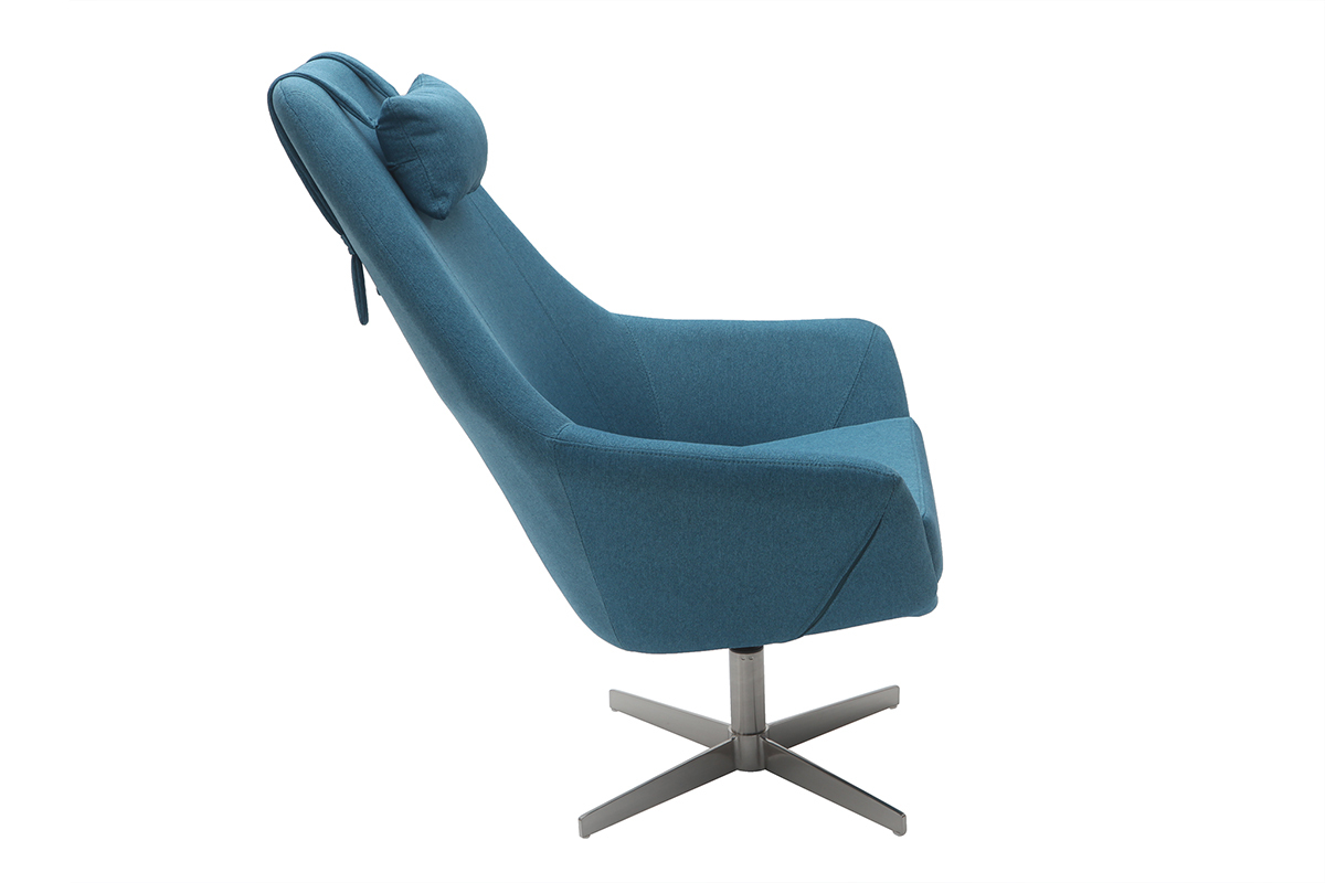 Fauteuil design pivotant en tissu bleu canard et pied m�tal AMADEO