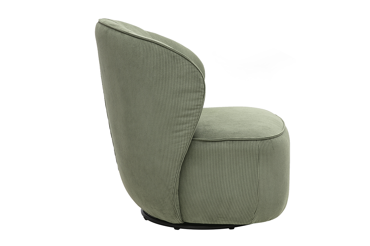 Fauteuil design pivotant en tissu velours c�tel� vert kaki, vue de c�t�