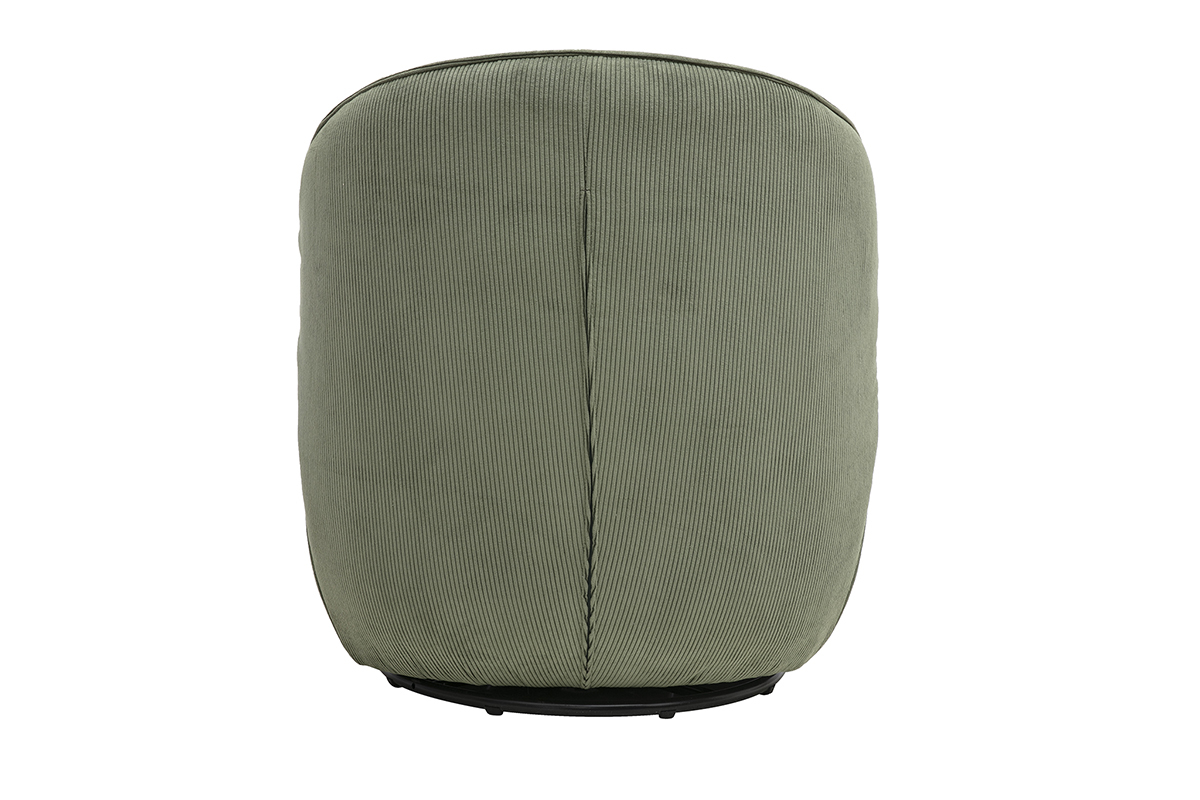 Fauteuil design pivotant en tissu velours c�tel� vert kaki, vue de dos, courbes douces.