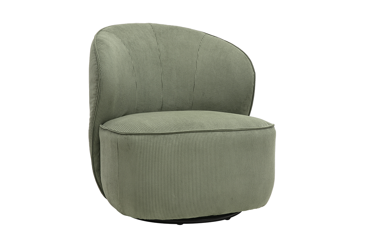 Fauteuil design pivotant en tissu velours c�tel� vert kaki, vue de 3/4.