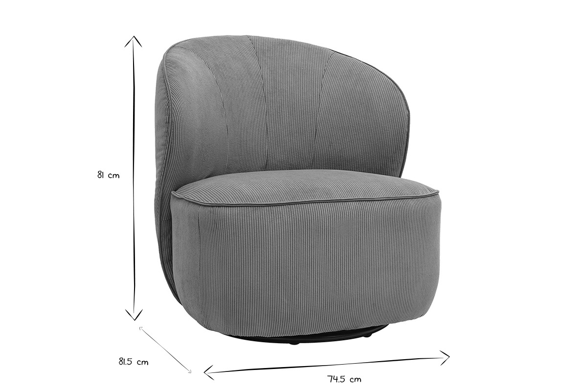 Dimensions du fauteuil design pivotant AMBER : hauteur 81 cm, profondeur 81.5 cm, largeur 74.5 cm en noir et blanc.