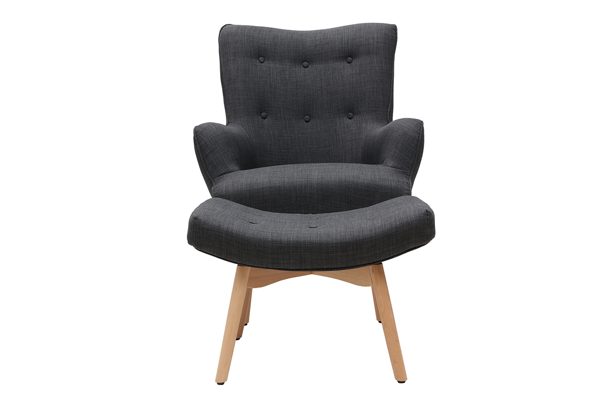 Fauteuil design scandinave et son repose pied gris fonc et bois clair BRISTOL