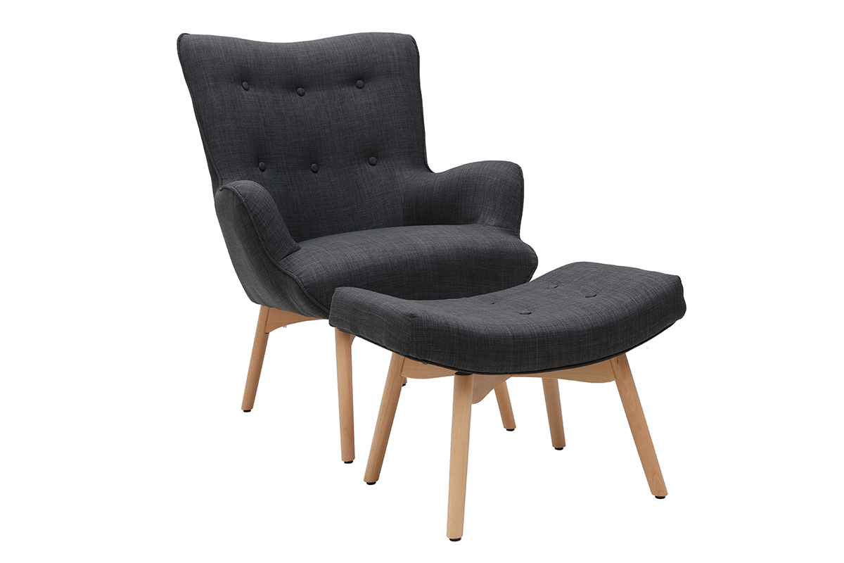 Fauteuil design scandinave et son repose pied gris fonc et bois clair BRISTOL