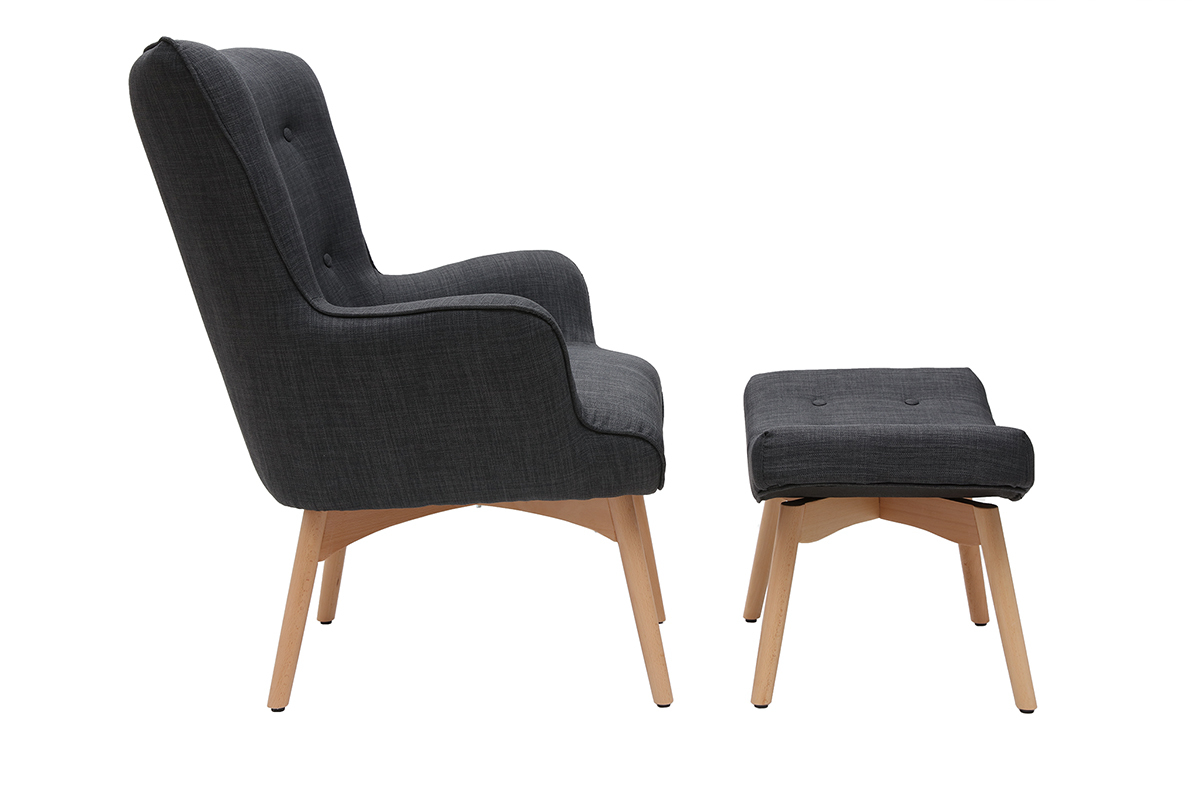 Fauteuil design scandinave et son repose pied gris fonc et bois clair BRISTOL