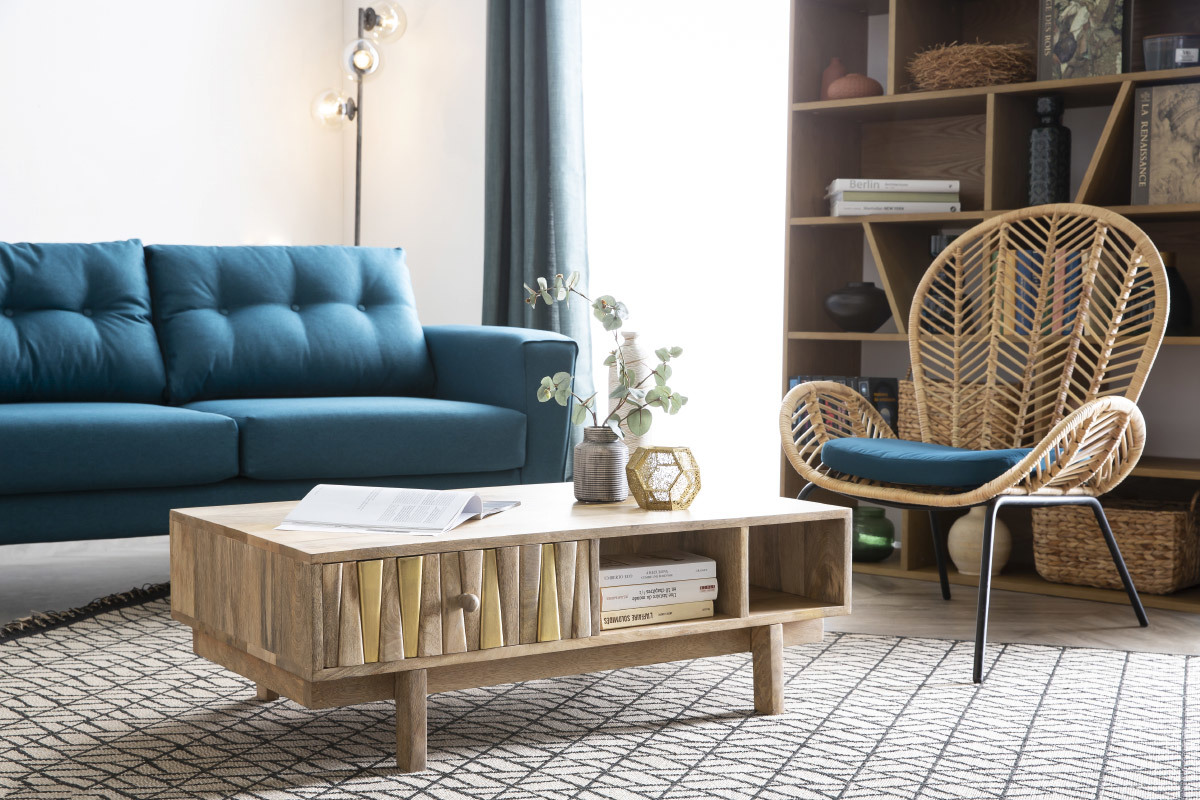 Fauteuil en rotin et tissu bleu p�trole PEACOCK