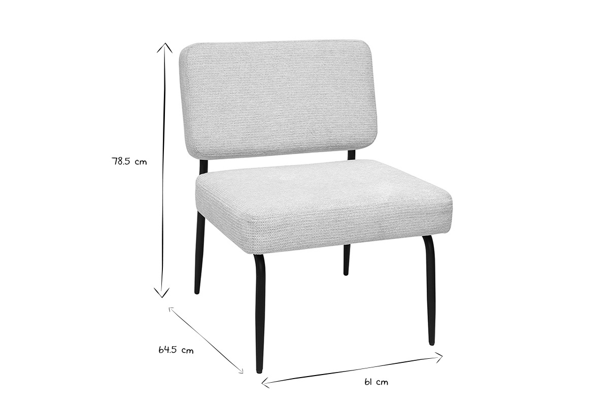 Dimensions du fauteuil VEDANA en tissu chenille beige et mtal noir, L61 x P64,5 x H78,5 cm.