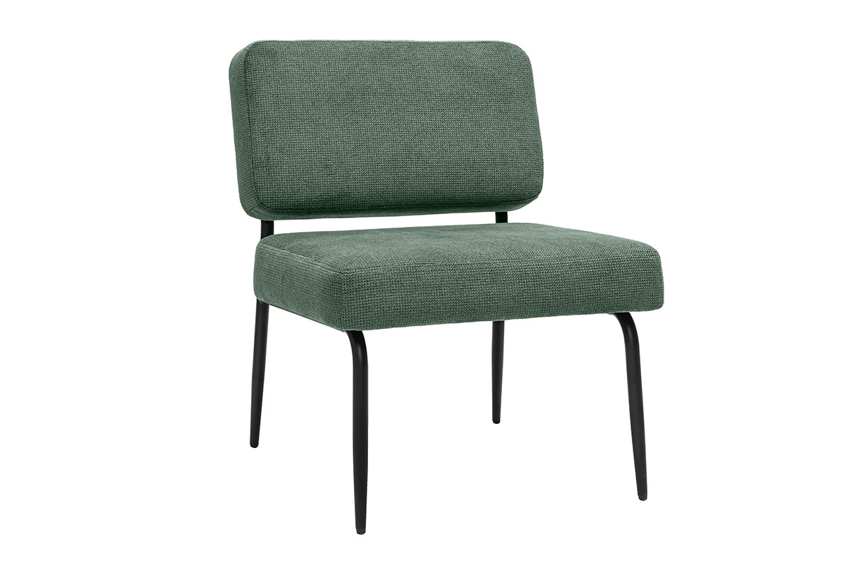 Fauteuil VEDANA en tissu vert kaki et mtal noir, vue de 3/4.