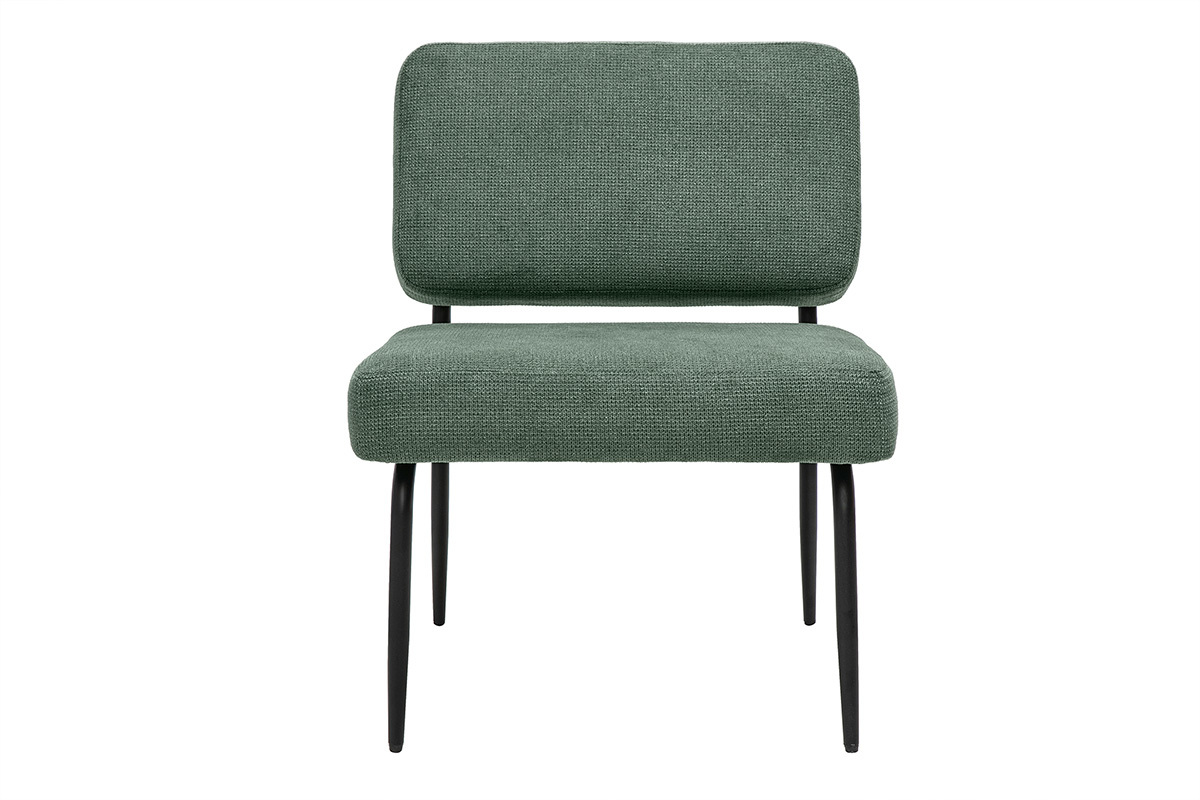 Fauteuil vert kaki effet velours, pieds mtal noir, vue de face.