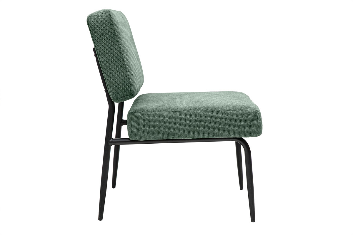Fauteuil vert kaki en tissu textur et mtal noir, vue de ct.