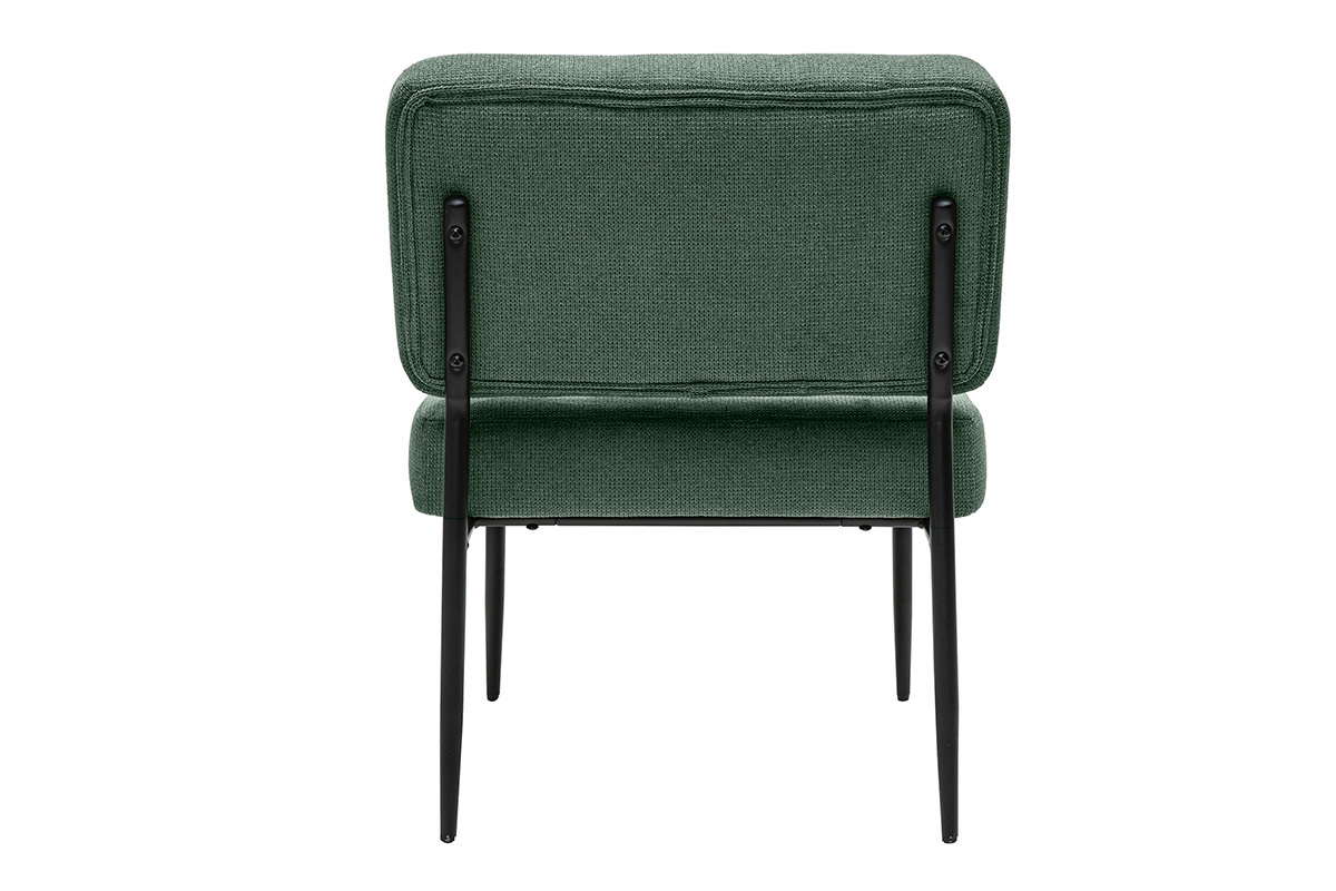 Fauteuil vert kaki en tissu chenille vu de dos, pieds en mtal noir.