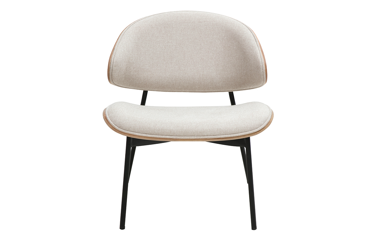 Fauteuil beige en tissu effet velours avec pieds en mtal noir, vue de face.