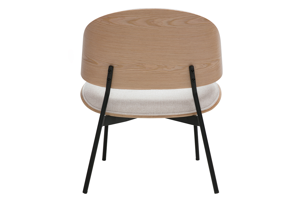 Fauteuil FABULO vu de dos, dossier en bois clair, assise beige, pieds en mtal noir.