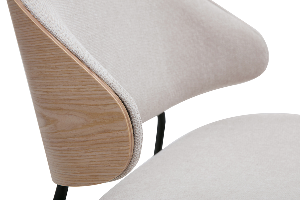 Fauteuil FABULO en tissu beige, bois clair et mtal, vue de dtail du dossier.