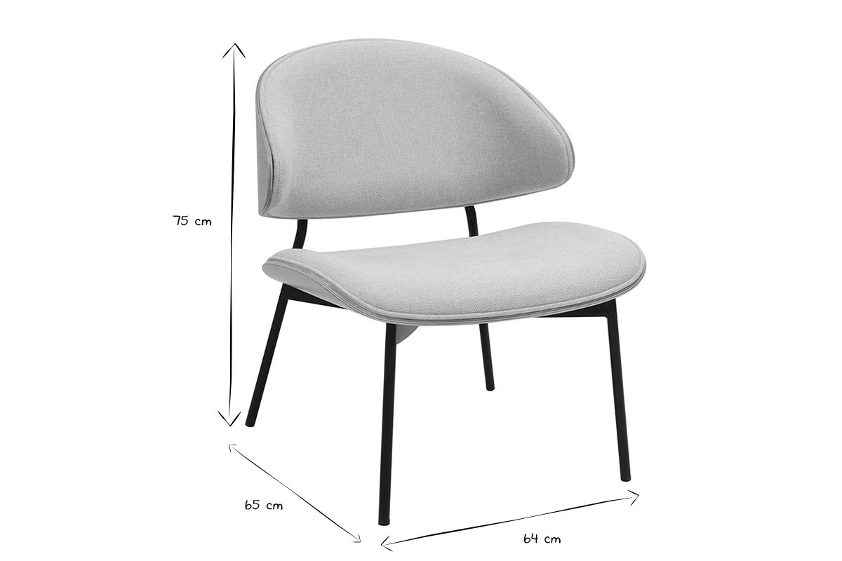 Dimensions du fauteuil FABULO en noir et blanc : L64 x P65 x H75 cm, vue 3/4.