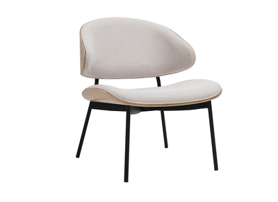 Fauteuil en tissu effet velours texturé beige, bois clair et métal noir FABULO