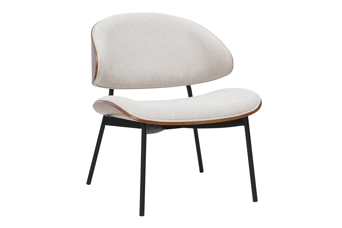 Fauteuil beige en tissu effet velours, bois fonc et mtal noir, vue de trois quarts.