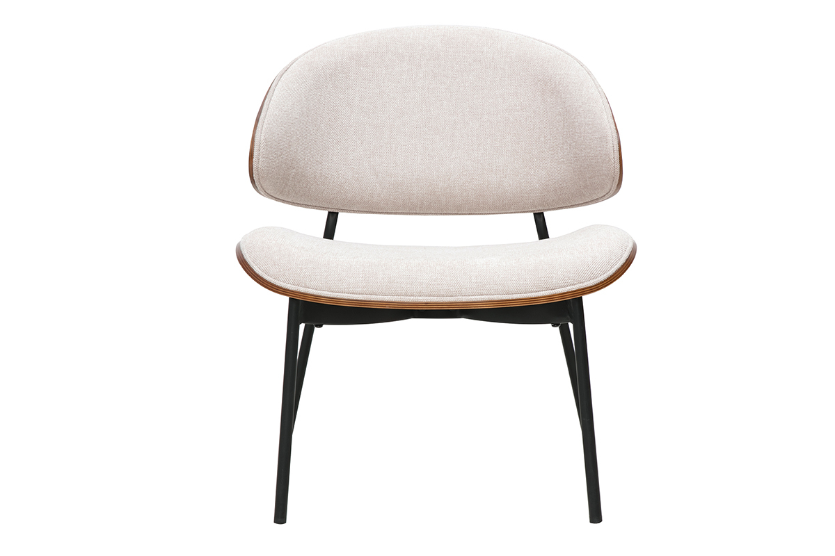 Fauteuil beige en tissu velours devant, bois fonc, pieds mtal noir.