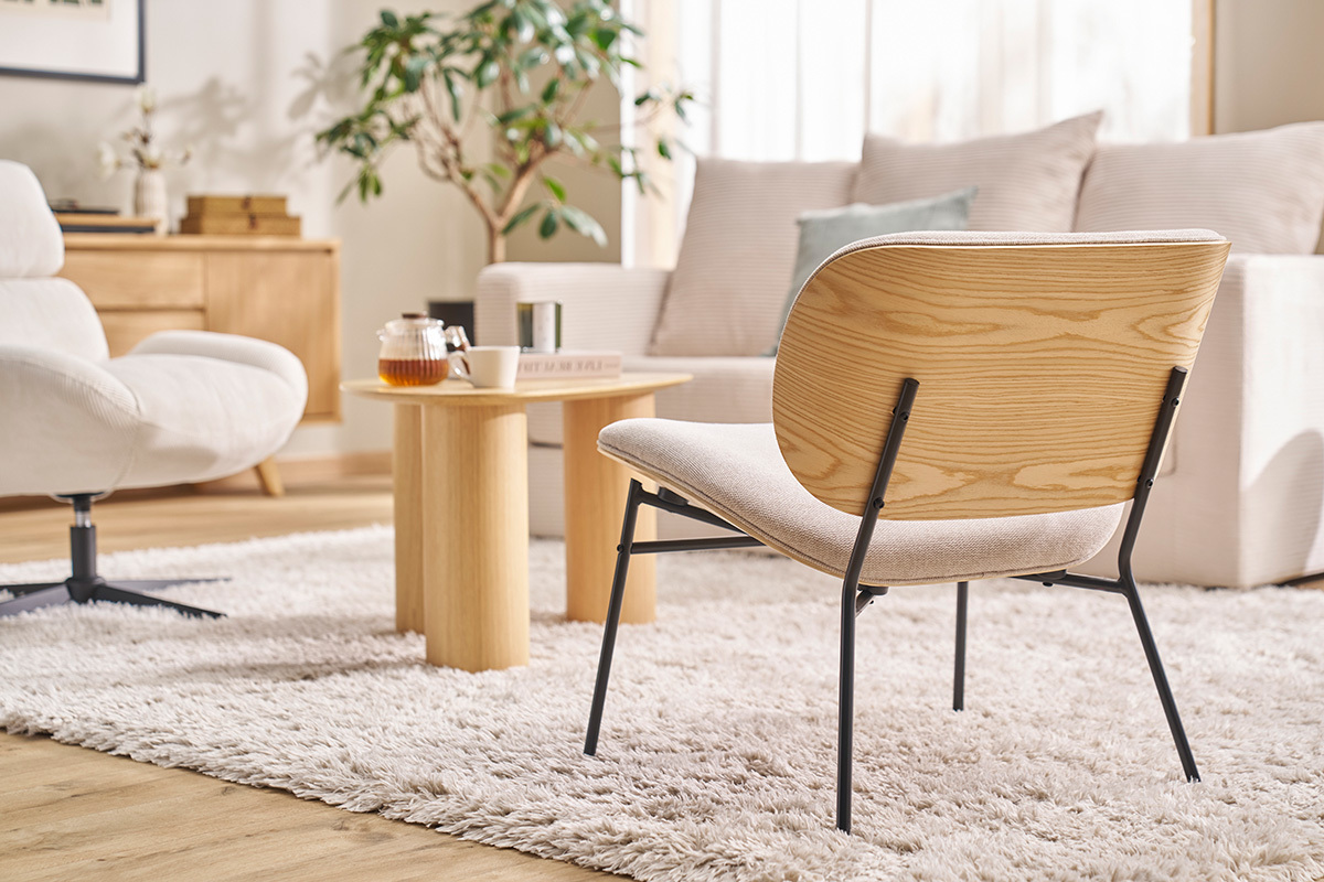 Fauteuil en tissu effet velours textur beige et mtal noir SHELBY