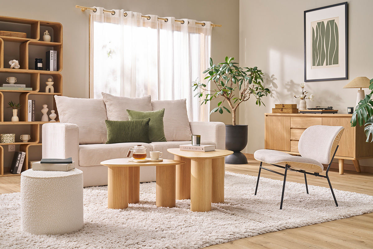 Fauteuil en tissu effet velours textur beige et mtal noir SHELBY