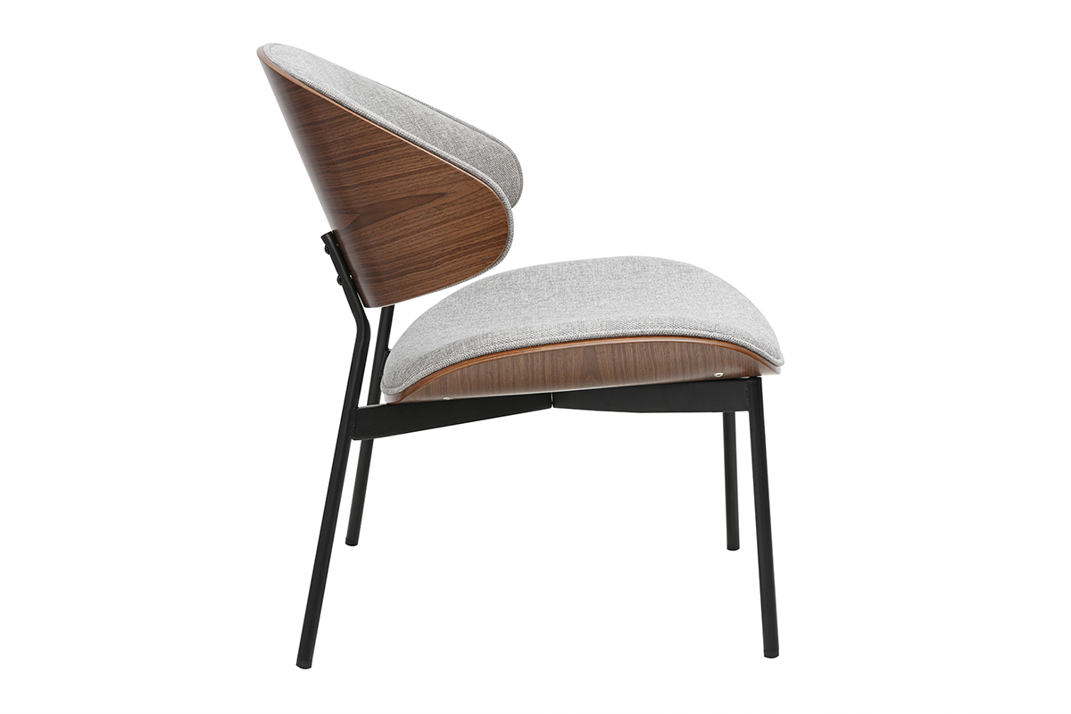 Fauteuil gris en tissu effet velours, bois fonc, mtal noir, vue de profil.