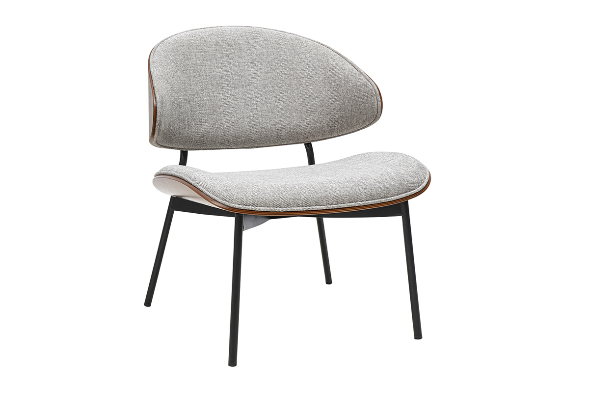 Fauteuil gris effet velours, bois fonc et mtal noir, vue de trois quarts.