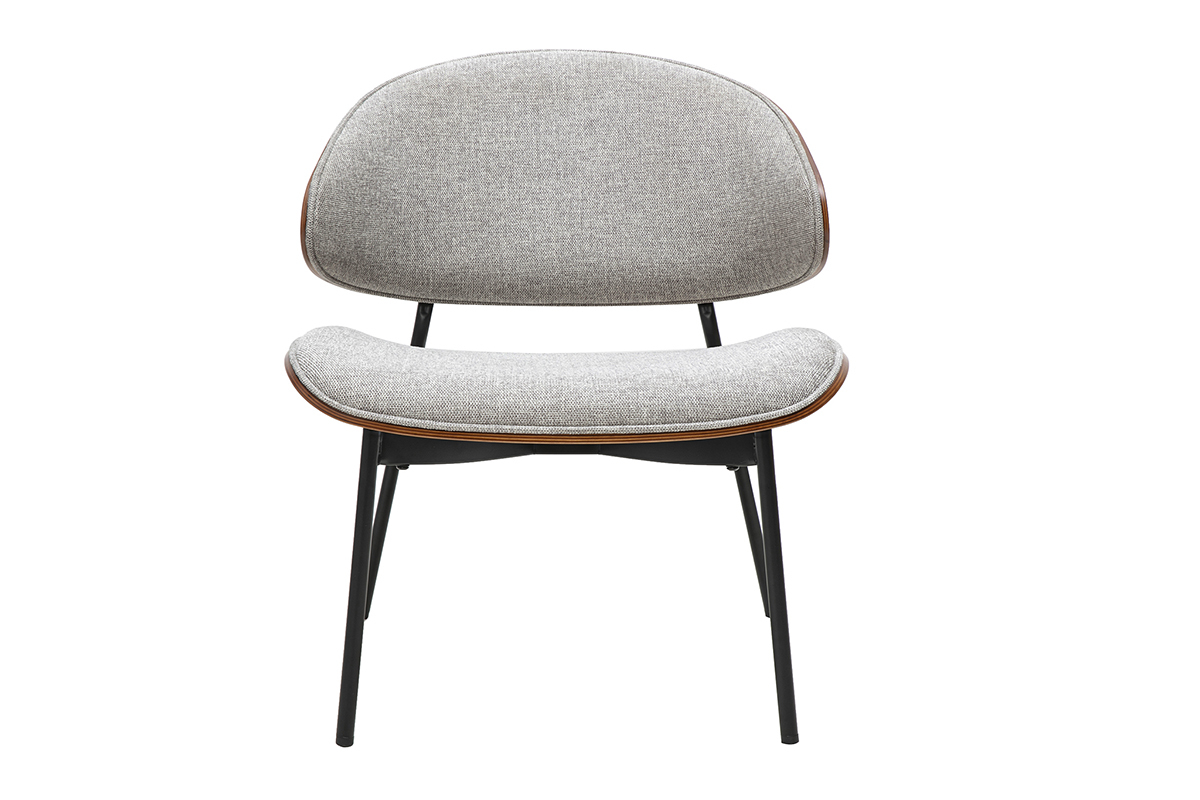 Fauteuil en tissu gris effet velours, vue de face, pieds en mtal noir, dossier arrondi.