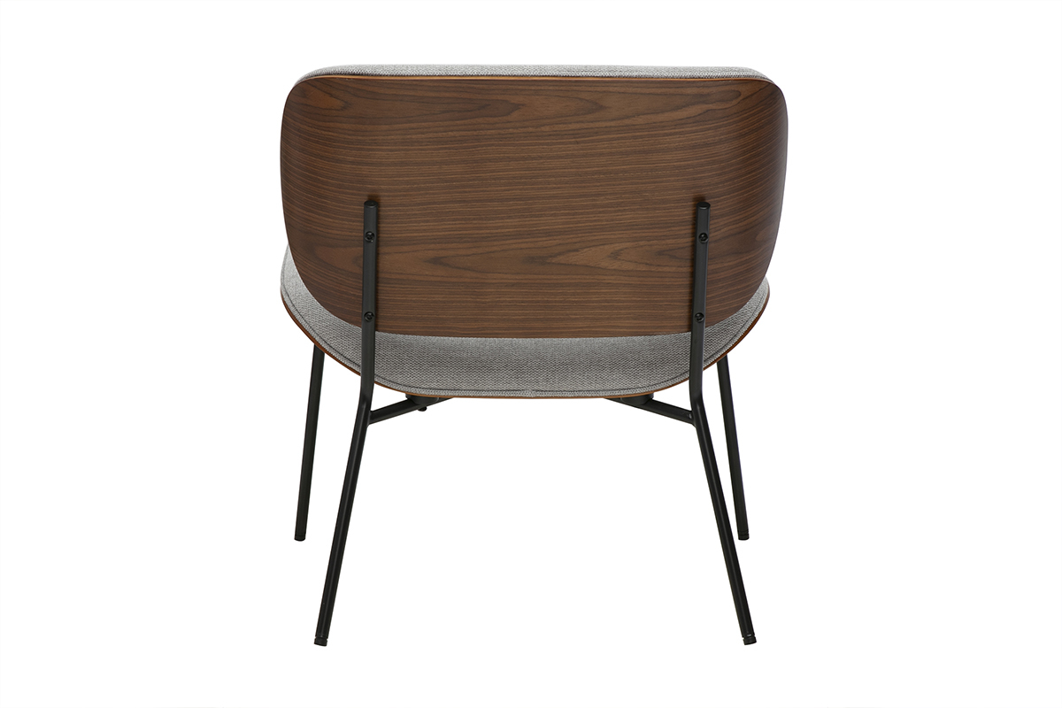 Fauteuil SHELBY en tissu effet velours gris et mtal noir et noyer, vue de dos.