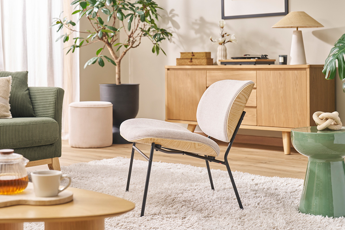 Fauteuil en tissu effet velours textur gris et mtal noir SHELBY